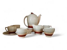 A Susie Cooper Kestrel shape coffee service, banded in tan in and grey, comprising coffee pot,