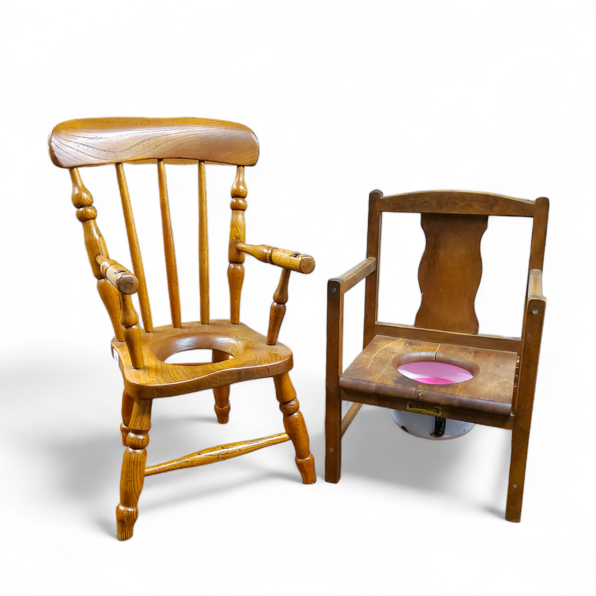 A child's beech commode chair; another (2)