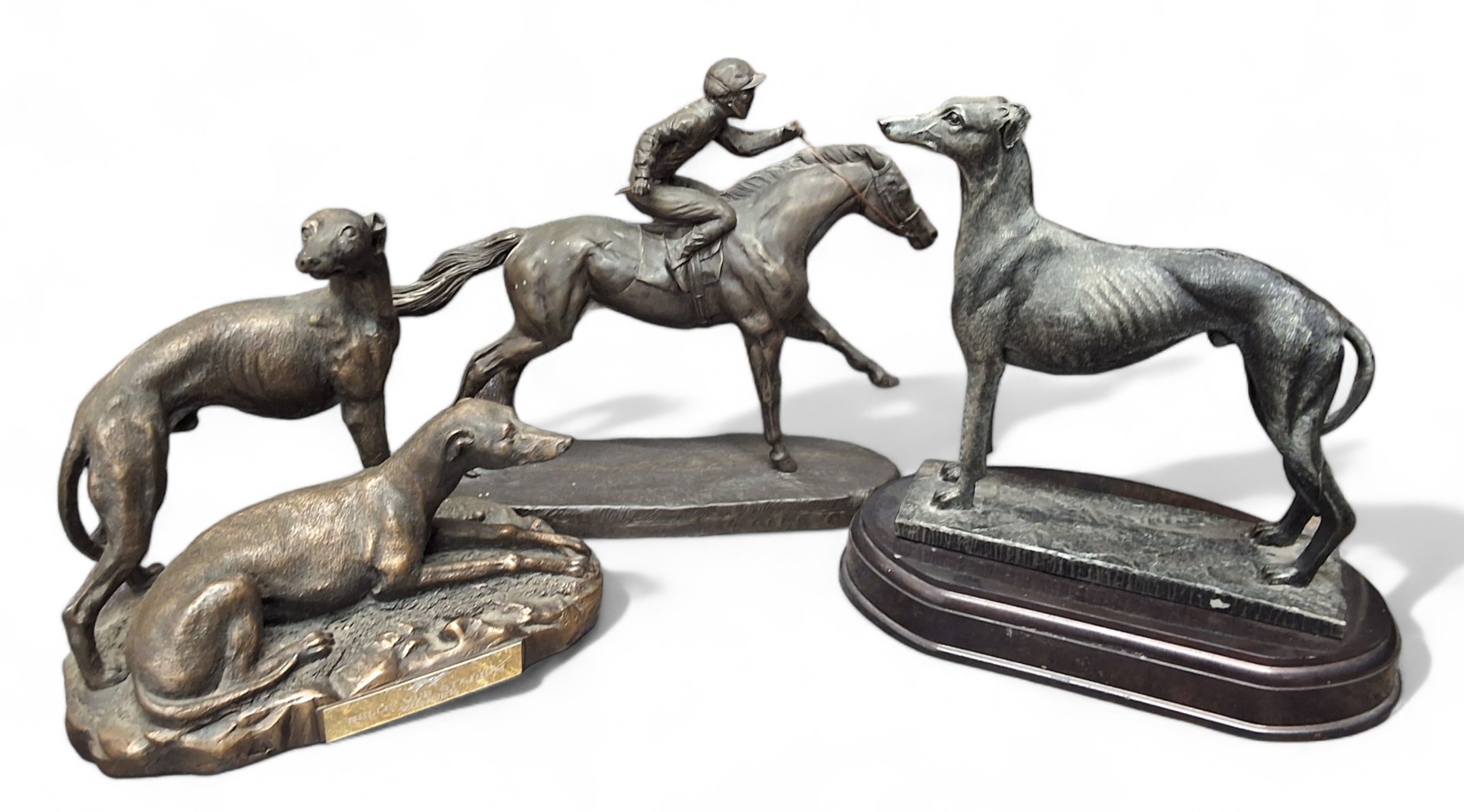 A resin bronzed figure, of a greyhound, oval base, 23cm high;  another, greyhound pair, 19cm - Image 3 of 5