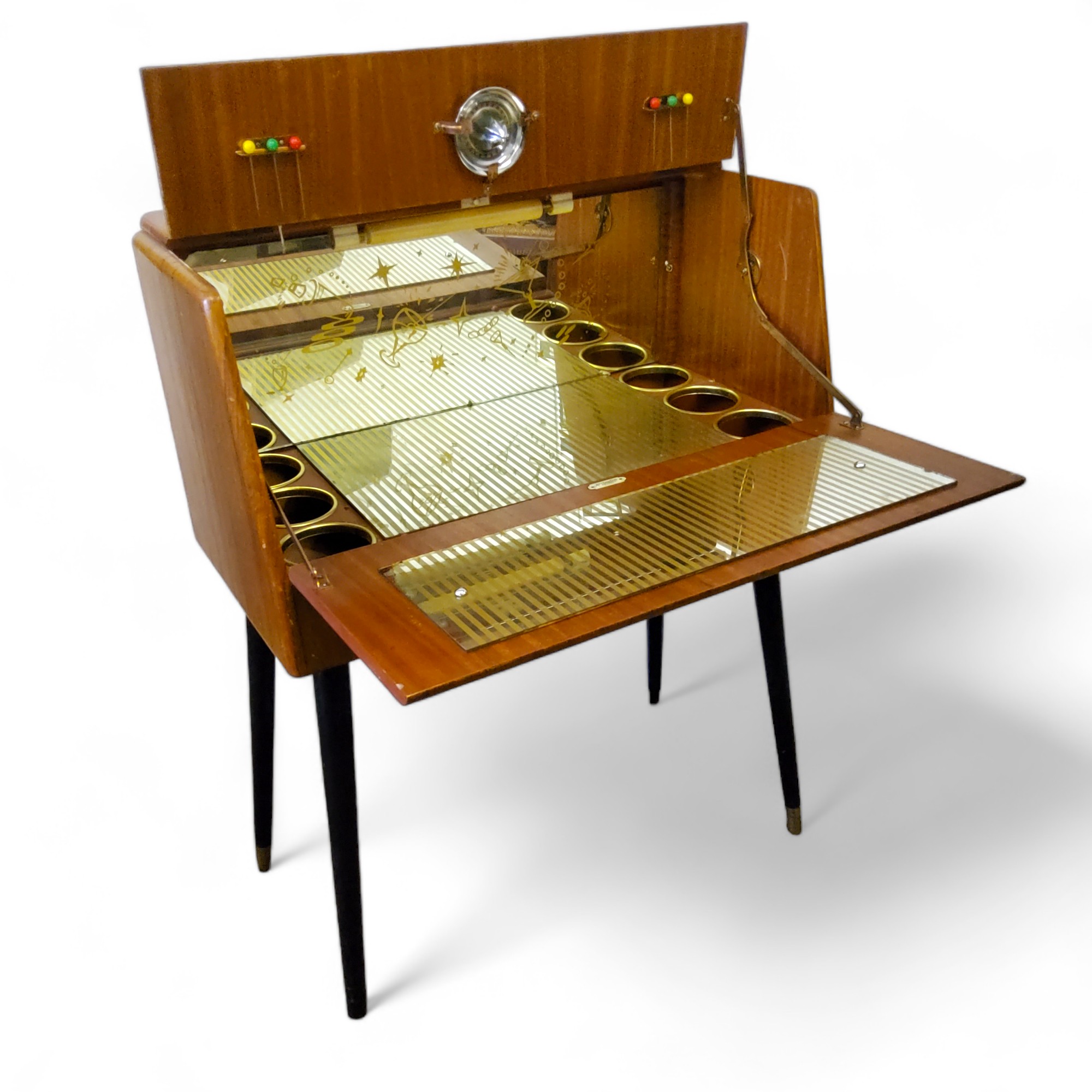 A mid 20th century cocktail cabinet by Rivington, the fall front revealing ilustrated mirror back - Image 2 of 3