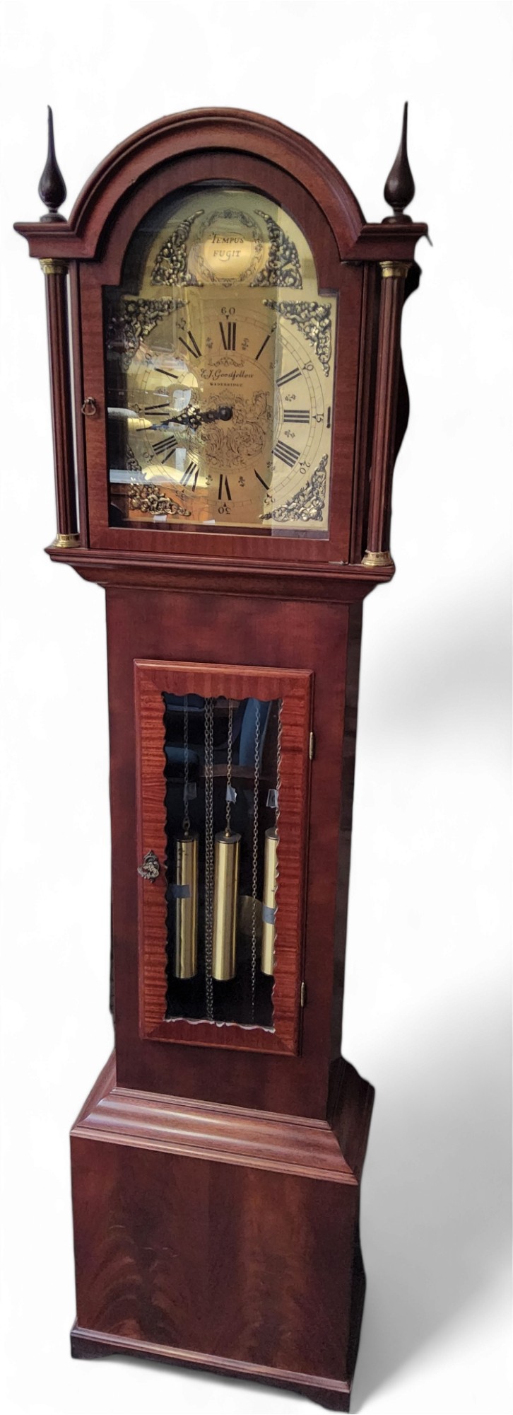 A contemporary mahogany longcase clock, arch brass dial inscribed Tempus Fugit,  E.J Goodfellow