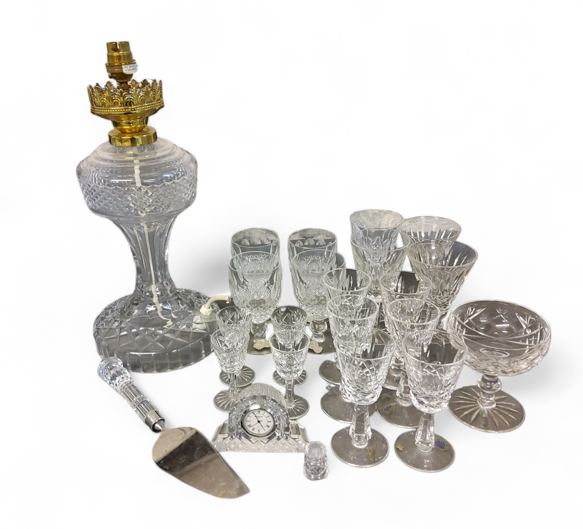 A set of six Galaway Crystal wine glasses;  others;  a cut glass side light, with shade ;  cake