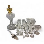 A set of six Galaway Crystal wine glasses;  others;  a cut glass side light, with shade ;  cake