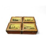 A set of four 19th century rectangular counter box, the covers decorated with farmer, milk maid,