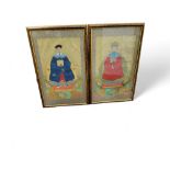 Chinese School, 19th century, A Pair, Ancestor Portraits, watercolours, on silk panels, 74cm x 44cm
