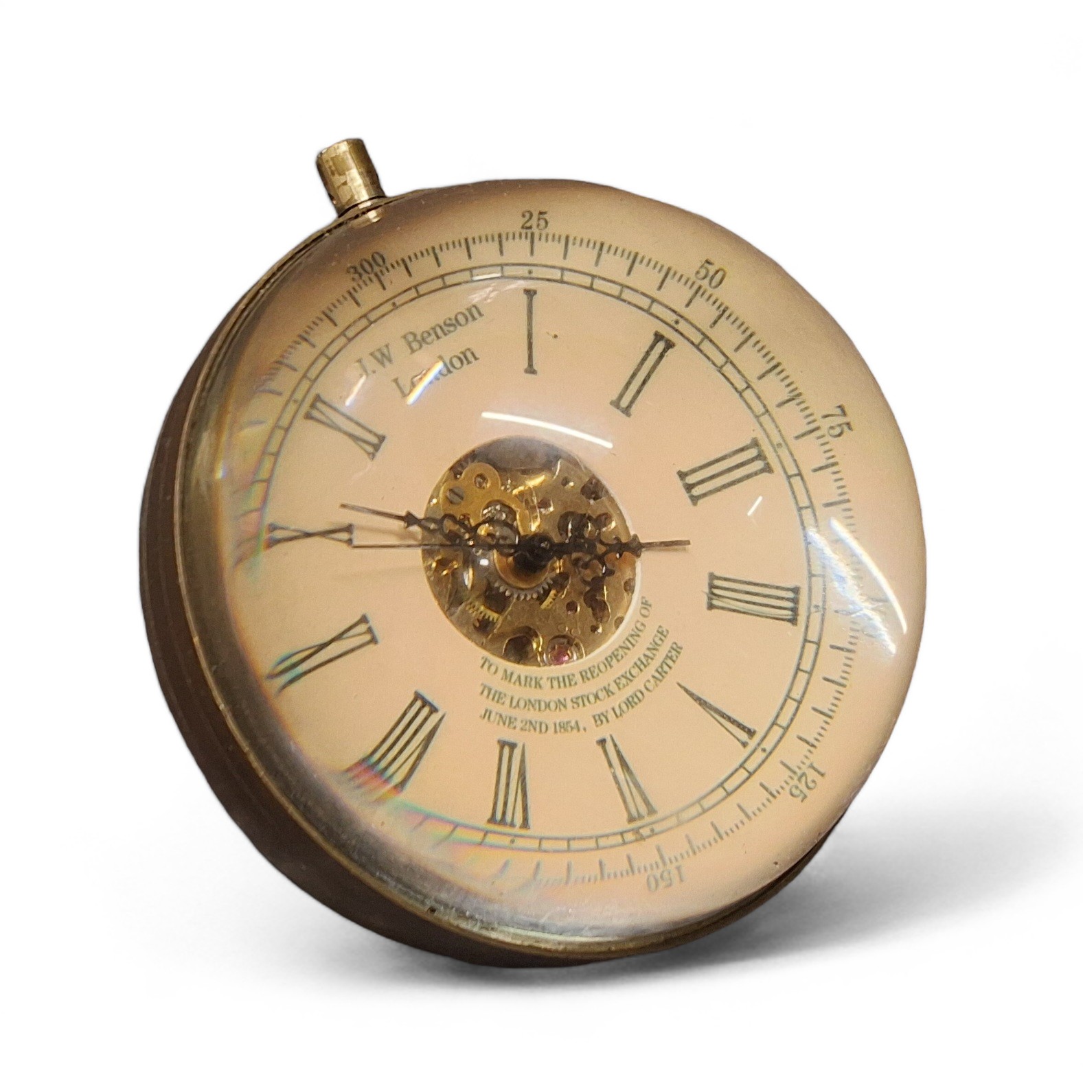 A brass mounted spherical glass desk/paperweight, top winder movement, cream dial, Roman numerals,