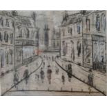 Manner of L S Lowry, Northern Street, bears signature, dated 1961, pen and ink sketch, 26cm x 31cm