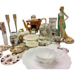 Ceramics and Glass - a lead crystal Cascade clock;   Coalport Roaring Twenties figure;   Royal