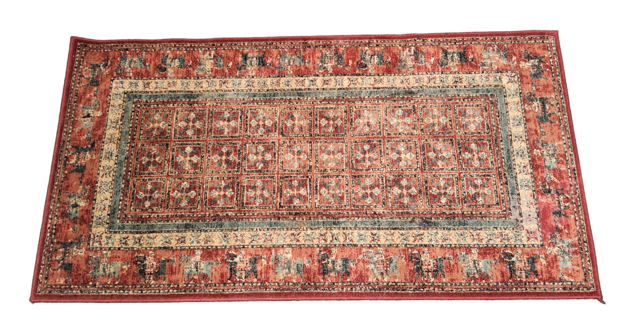 A Royal Keshan woollen rug, pazyryk red ground with geometric pattern, 160cm x 83cm