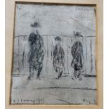 Manner of L S Lowry, Three Figure, bears signature, mixed medium, pencil and crayon, 15cm x 12cm