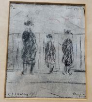 Manner of L S Lowry, Three Figure, bears signature, mixed medium, pencil and crayon, 15cm x 12cm