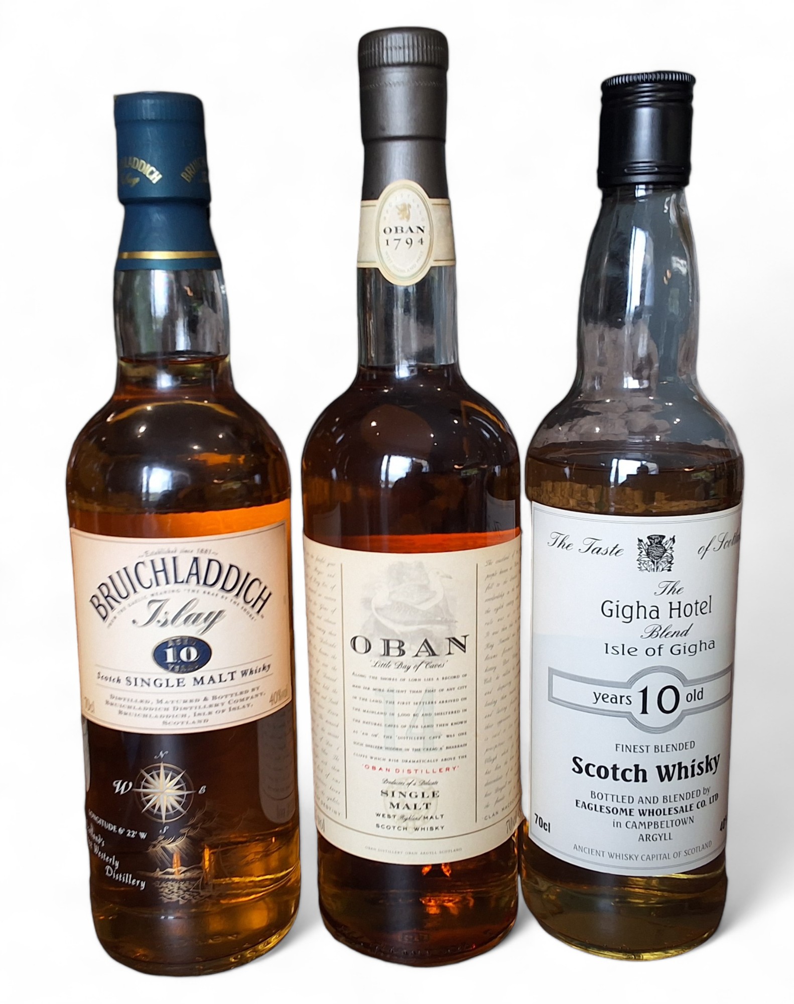 Bruichladdich, Islay 10 Year Old Scotch Single Malt Whisky, 40% vol, 70cl; Oban 'Little Bay of