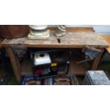 A workshop work bench,  fitted with vices,  135cm wide