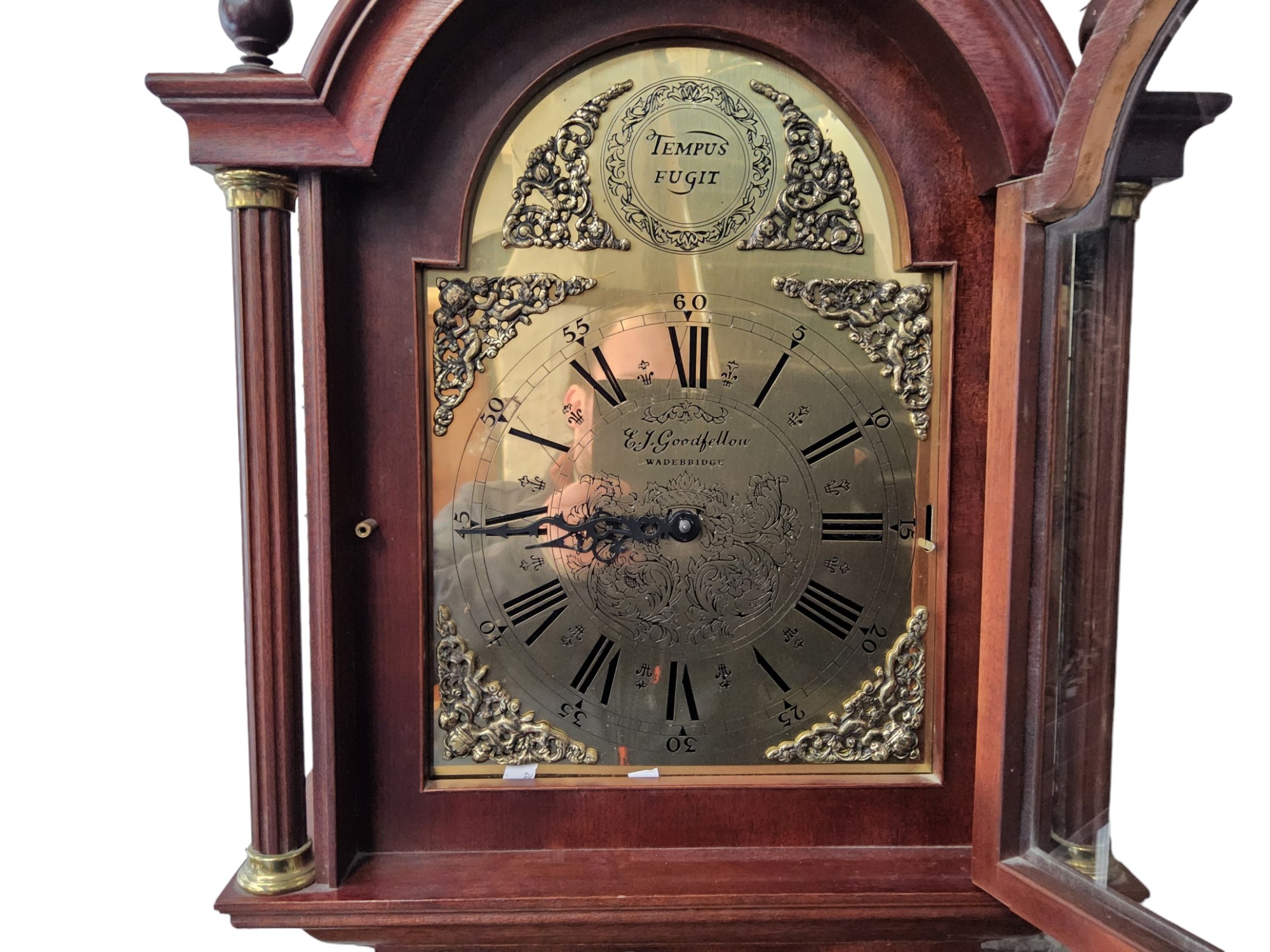 A contemporary mahogany longcase clock, arch brass dial inscribed Tempus Fugit,  E.J Goodfellow - Image 2 of 2