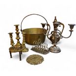 A brass jam pan, 33cm diam;  a pair of 19th century brass candlesticks;  another;   a brass trivet;