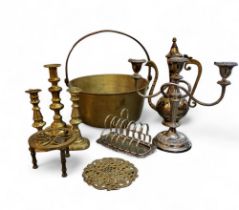 A brass jam pan, 33cm diam;  a pair of 19th century brass candlesticks;  another;   a brass trivet;