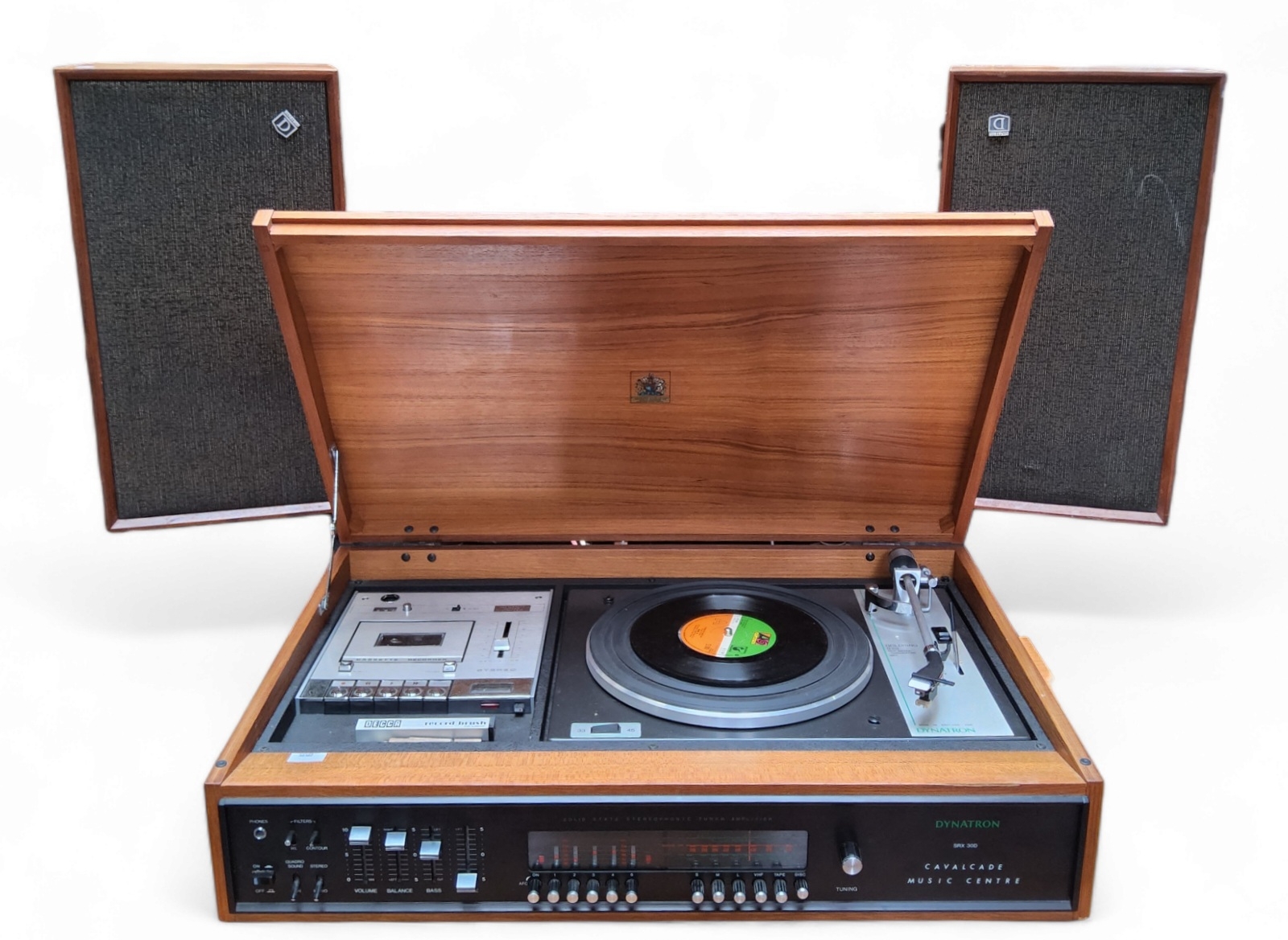 A Dynatron SRX 30D Cavalcade music centre, comprising record turntable, tape deck and two speakers.
