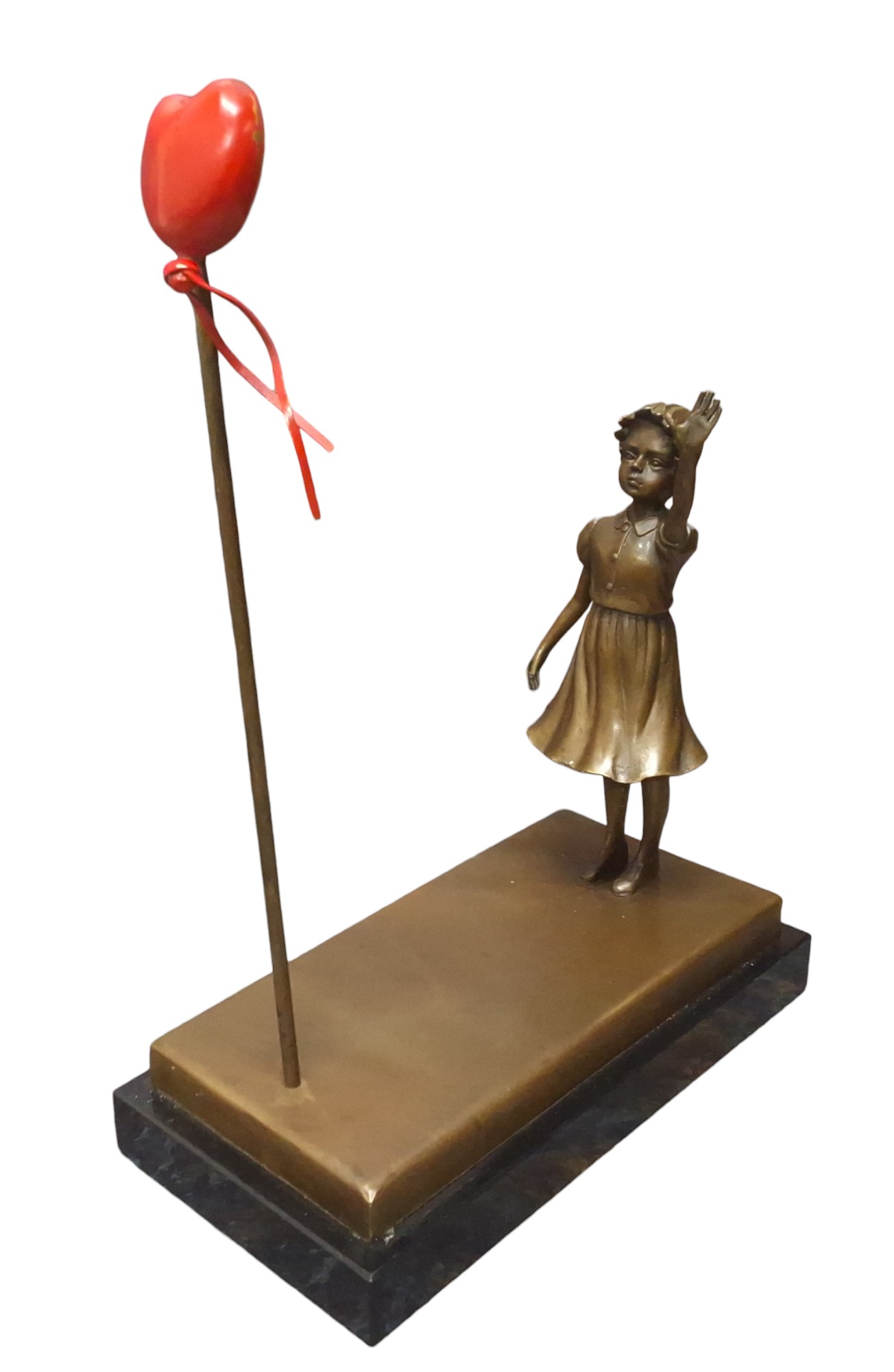 After Banksy, bronze balloon girl, black marble rectangular base,  40cm high - Image 2 of 3