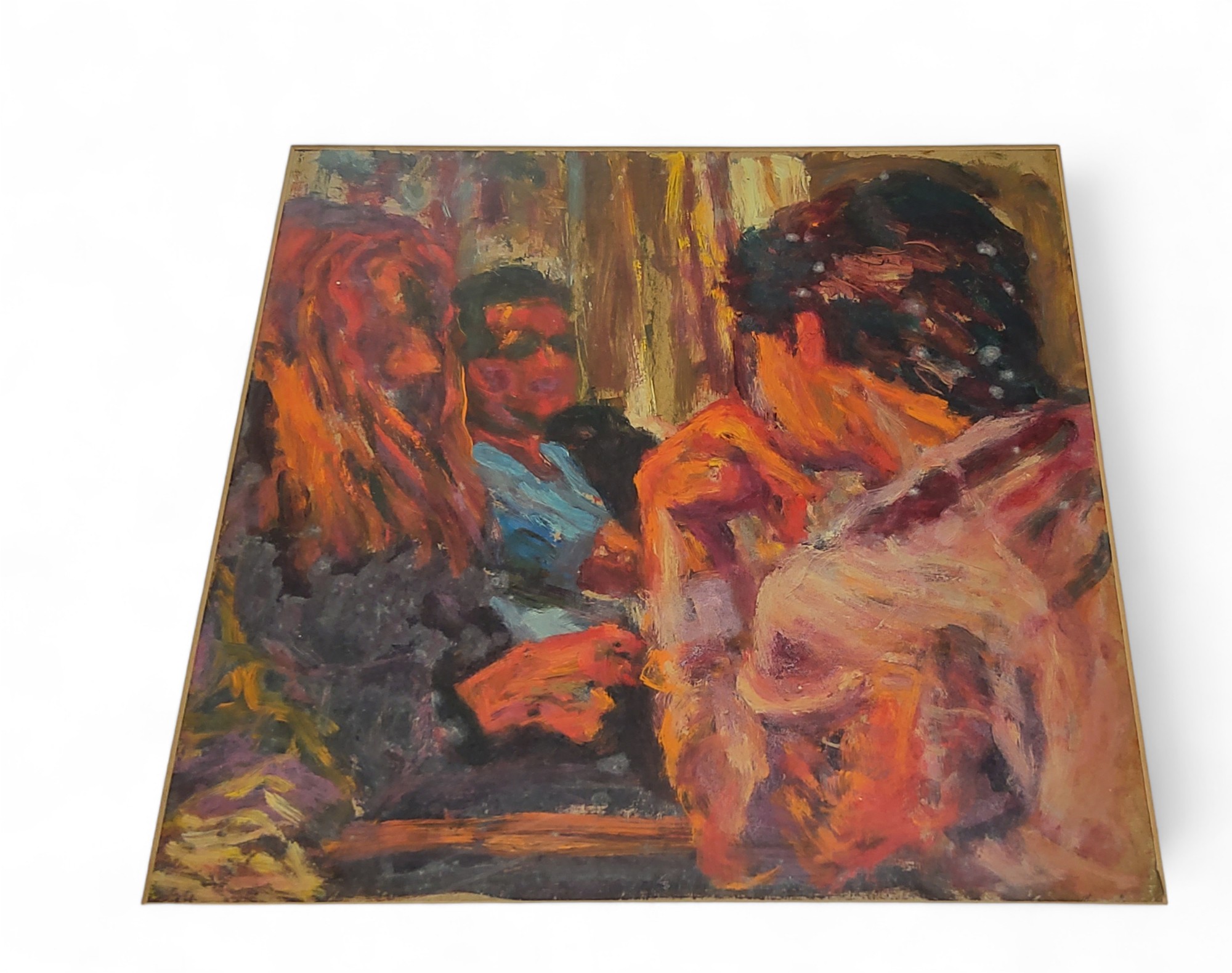 Jill Kay (Modern British School), 'The Women', signed and titled to verso, oil on board, 29cm x 29cm