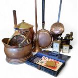 A copper coal bucket;  a set of scales;   hunting horn;   skillet;   artists box;  etc