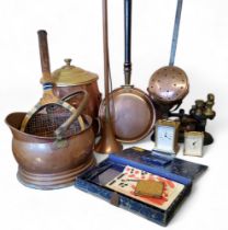 A copper coal bucket;  a set of scales;   hunting horn;   skillet;   artists box;  etc