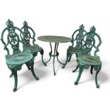 A 19th century style aluminium garden suite comprising a tripod table and four chairs (5)