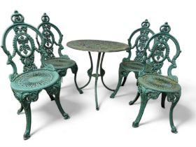 A 19th century style aluminium garden suite comprising a tripod table and four chairs (5)