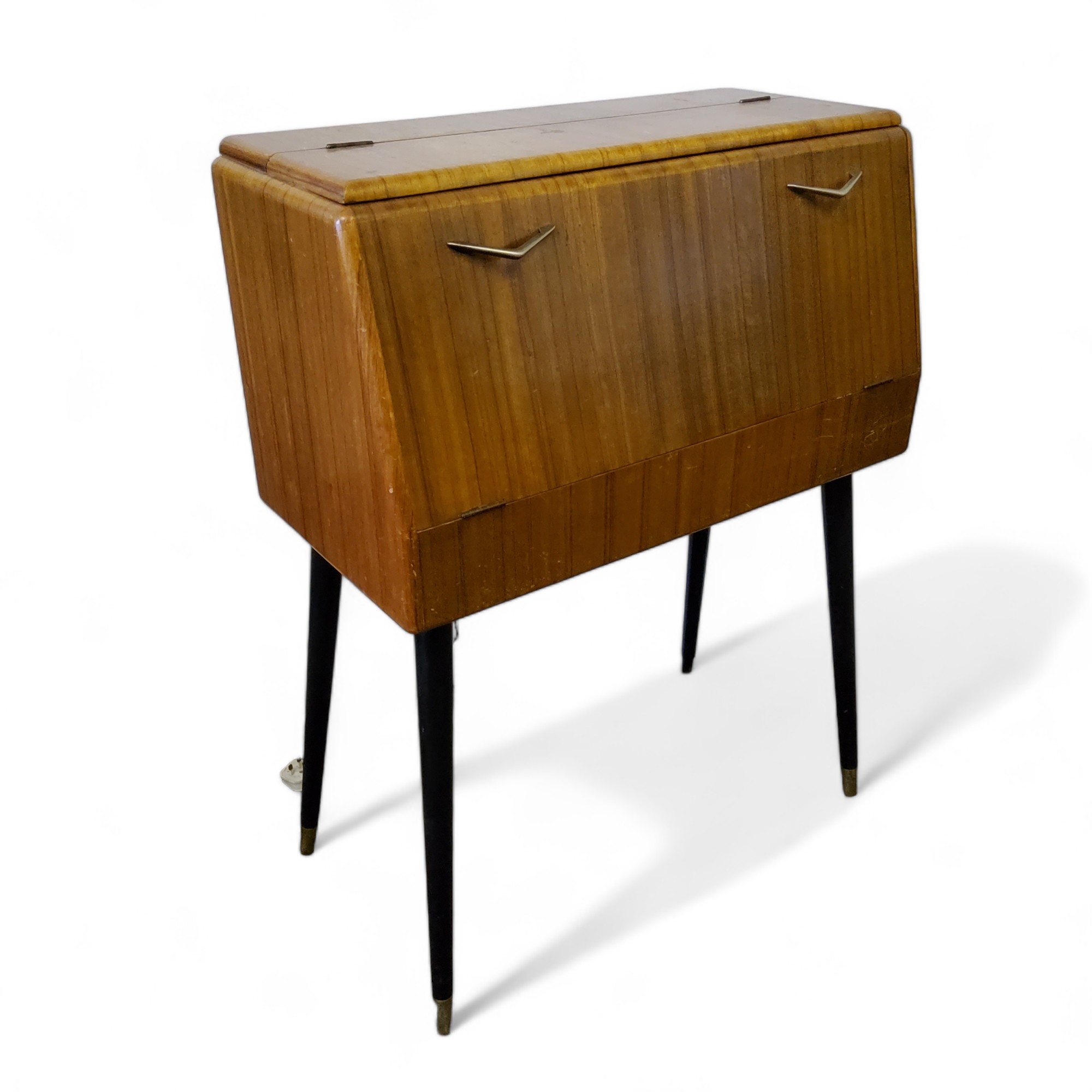 A mid 20th century cocktail cabinet by Rivington, the fall front revealing ilustrated mirror back - Image 3 of 3