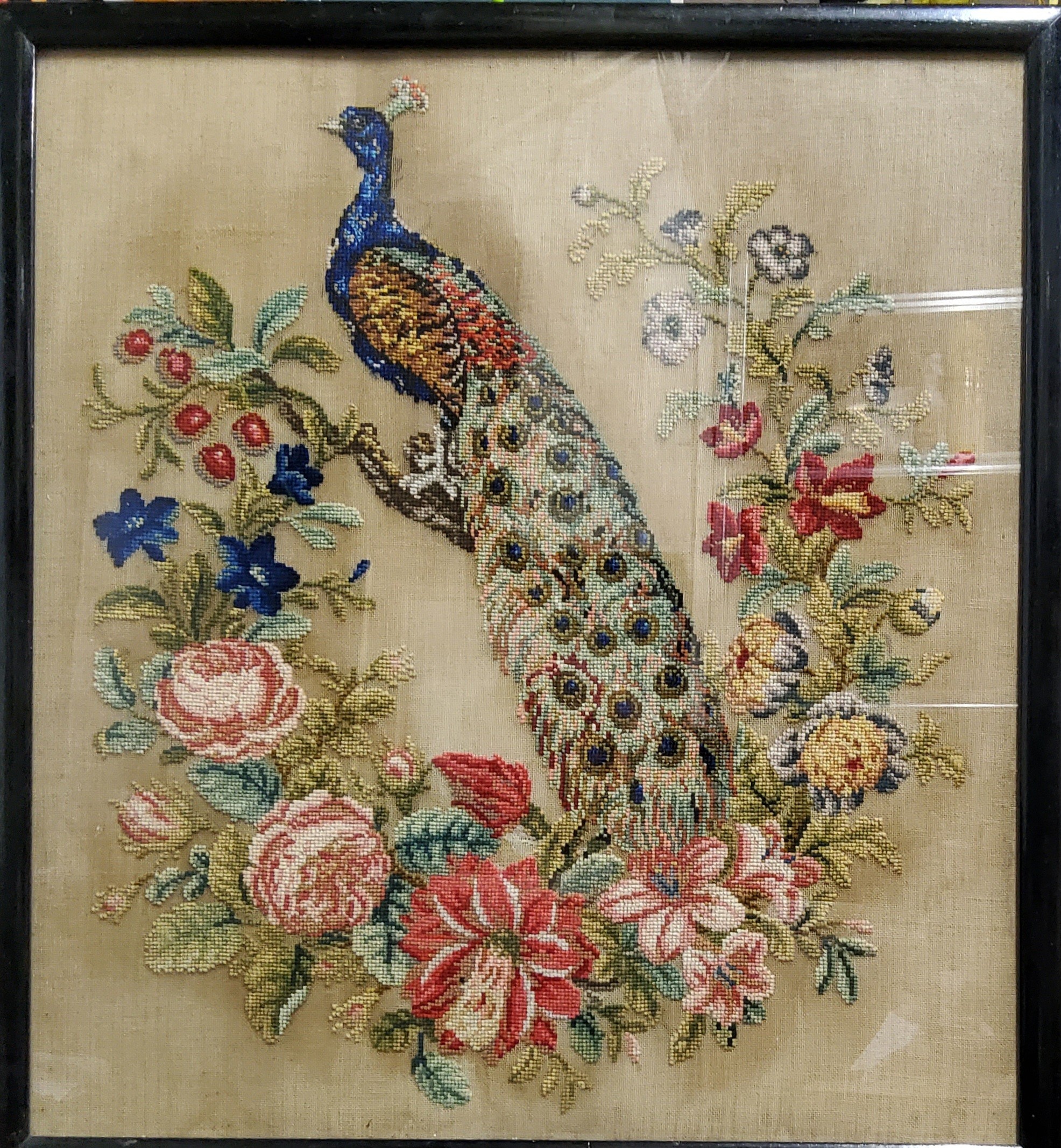 A Victorian woolwork tapestry, embroidered with peacock amongst flowers and foliage, 53cm x 48cm