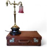 A 20th century brass two light side light, etched cranberry flashed shade, 63cm high;  a mid 20th