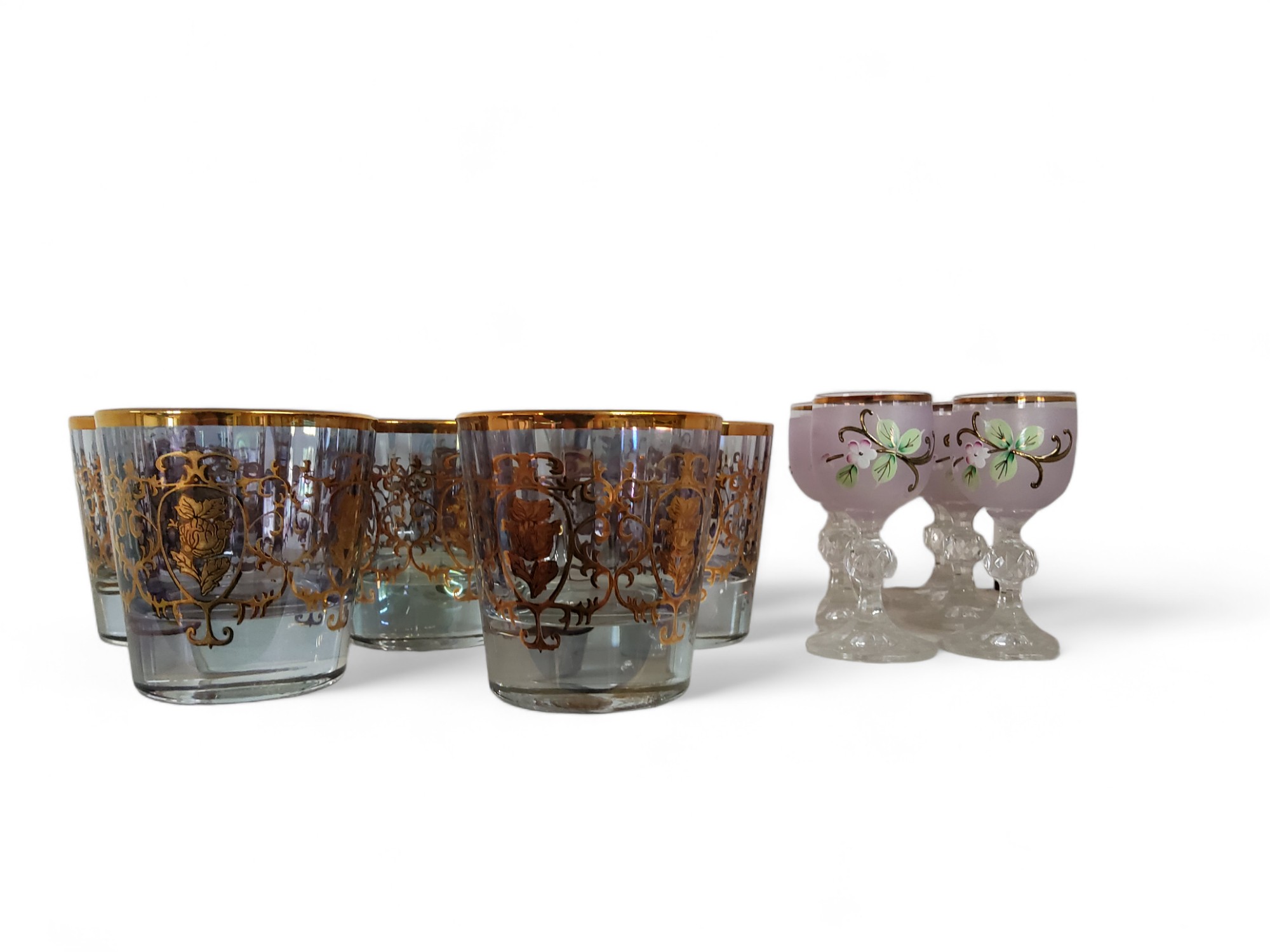 A set of six Italian Cristal 3A tumblers, applied in gilt with leafy scrolls, cm high;   a set of