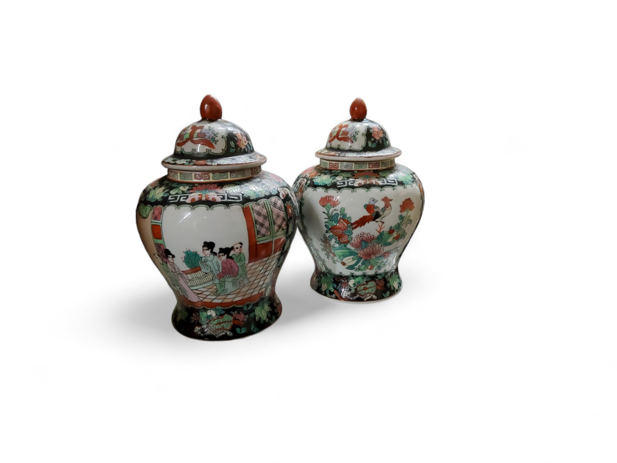 A pair of Chinese famille noire baluster vases and covers, 30cm high, 20th century