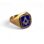 A 9ct gold & enamel Masonic swivel signet ring, blue enamel set with gold square and compass motif