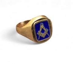 A 9ct gold & enamel Masonic swivel signet ring, blue enamel set with gold square and compass motif