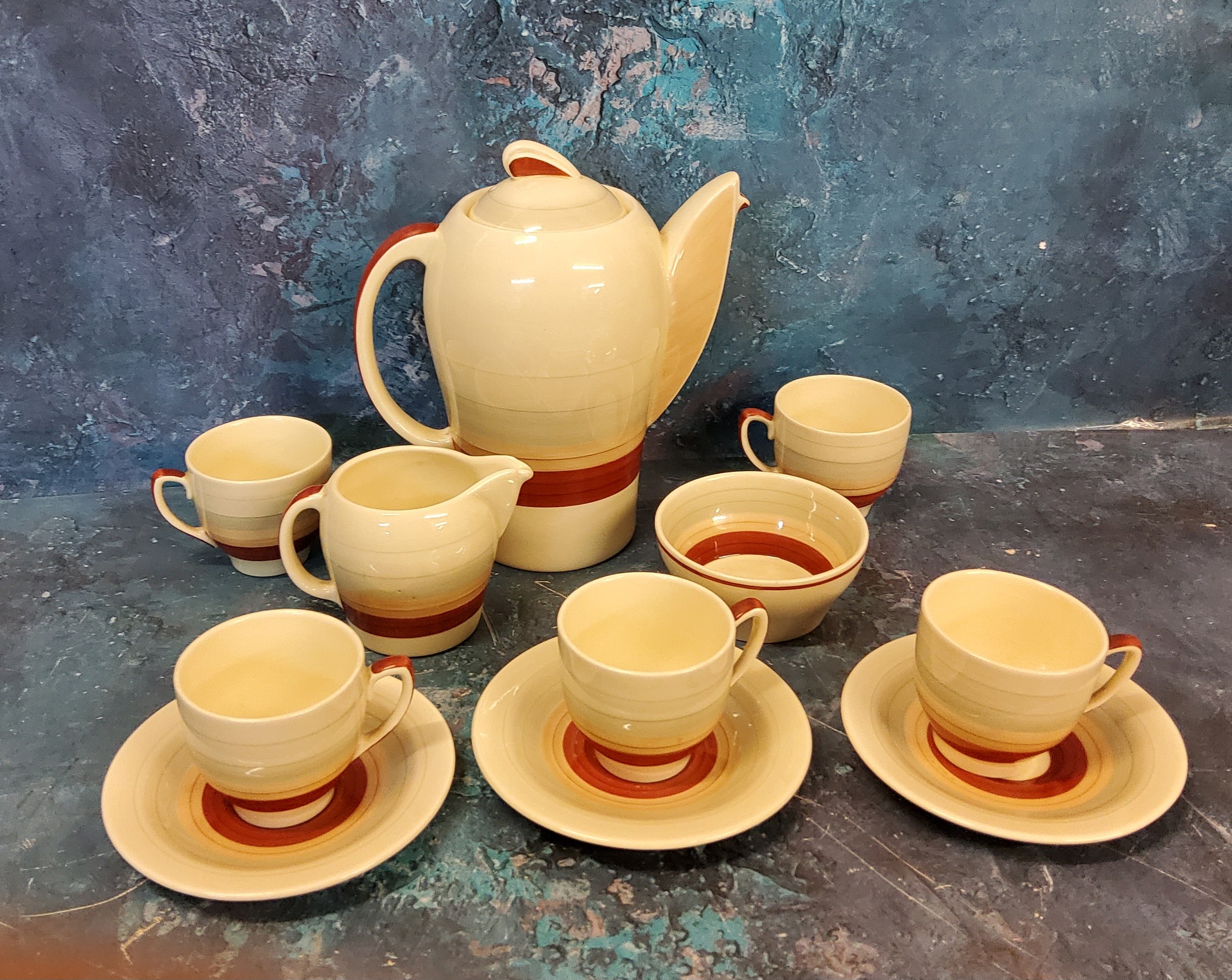 A Susie Cooper Kestrel shape coffee service, banded in tan in and grey, comprising coffee pot, - Image 2 of 2