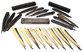 A Swordplay branded straight/cut throat razor metal case; various cut throat razors including