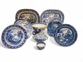 Blue and White - two Copeland Spode Italian pattern shaped square plates;  a Spode Girl at a Well