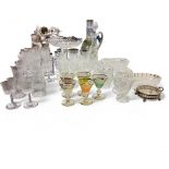 Nine early 20th century etched glasses;  four similar beakers;  others;   a set of five coloured and