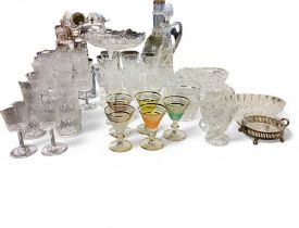 Nine early 20th century etched glasses;  four similar beakers;  others;   a set of five coloured and