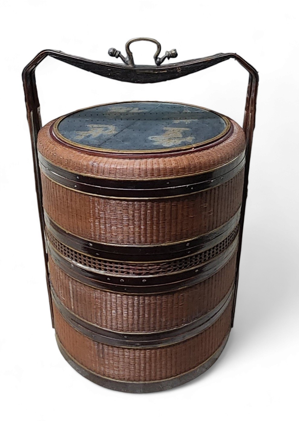 An early 20th century Japanese cylindrical stack of woven wicker wedding baskets,metal mounted