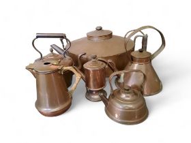 A large copper hearth kettle, 43cm diam;   others, various