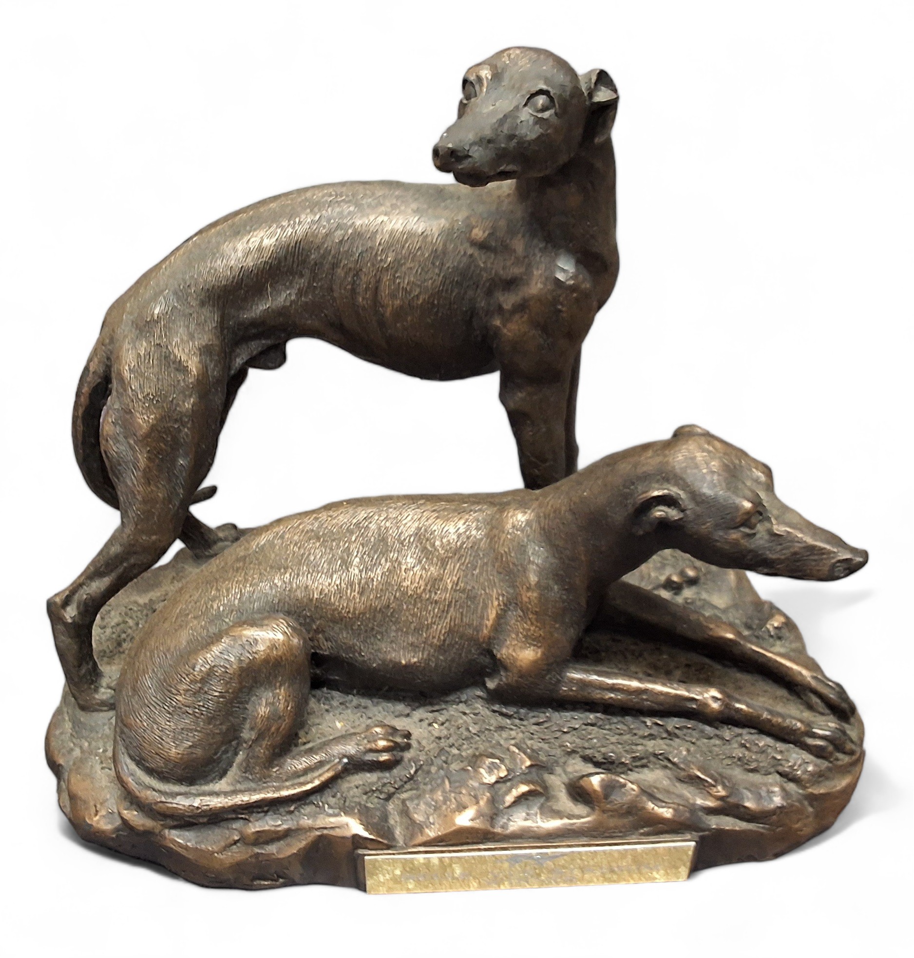 A resin bronzed figure, of a greyhound, oval base, 23cm high;  another, greyhound pair, 19cm - Image 5 of 5