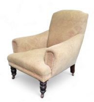 A Victorian mahogany library chair, upholsted in gold and maroon, turned fore legs, tapered rear,