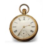 An 18ct gold open faced pocket watch, top winder, unsigned movement, white enamel dial, Roman