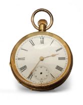 An 18ct gold open faced pocket watch, top winder, unsigned movement, white enamel dial, Roman