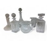 Glassware - a ship's decanter and stopper;  others;  a heavy cut glass water jug;  etc