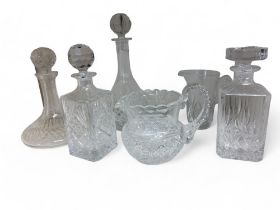 Glassware - a ship's decanter and stopper;  others;  a heavy cut glass water jug;  etc