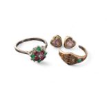 An 18ct white gold floral ring, set with round diamonds, emeralds and rubies, size R, 3.75g gross; a