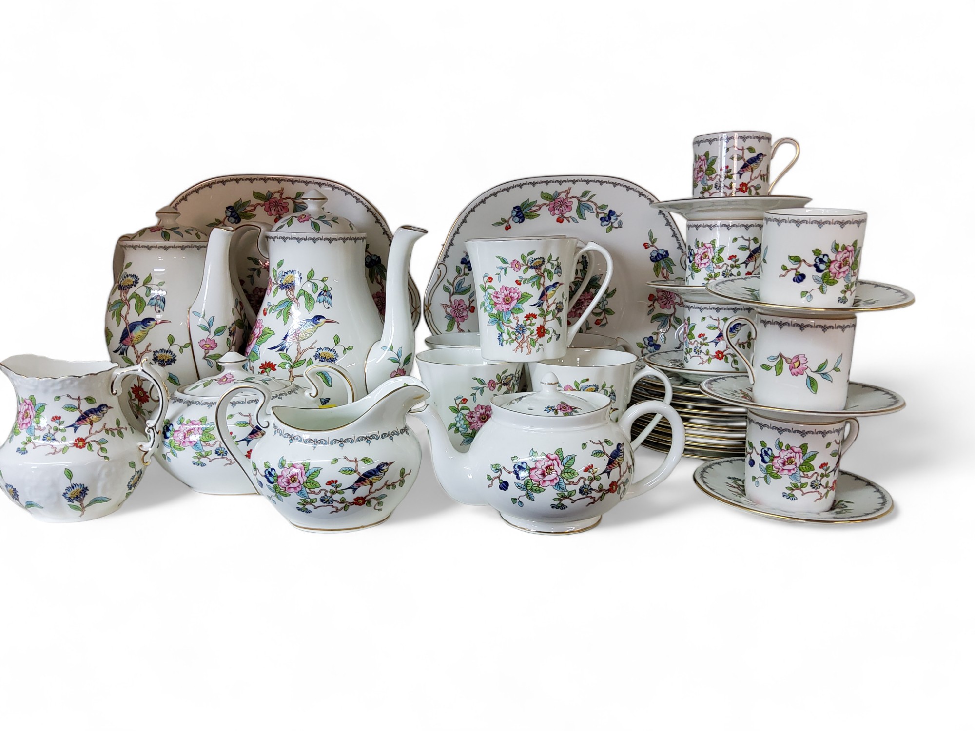 A set of six Aynsley Pembroke pattern coffee cans and saucers;  six similar mugs;   coffee pot,