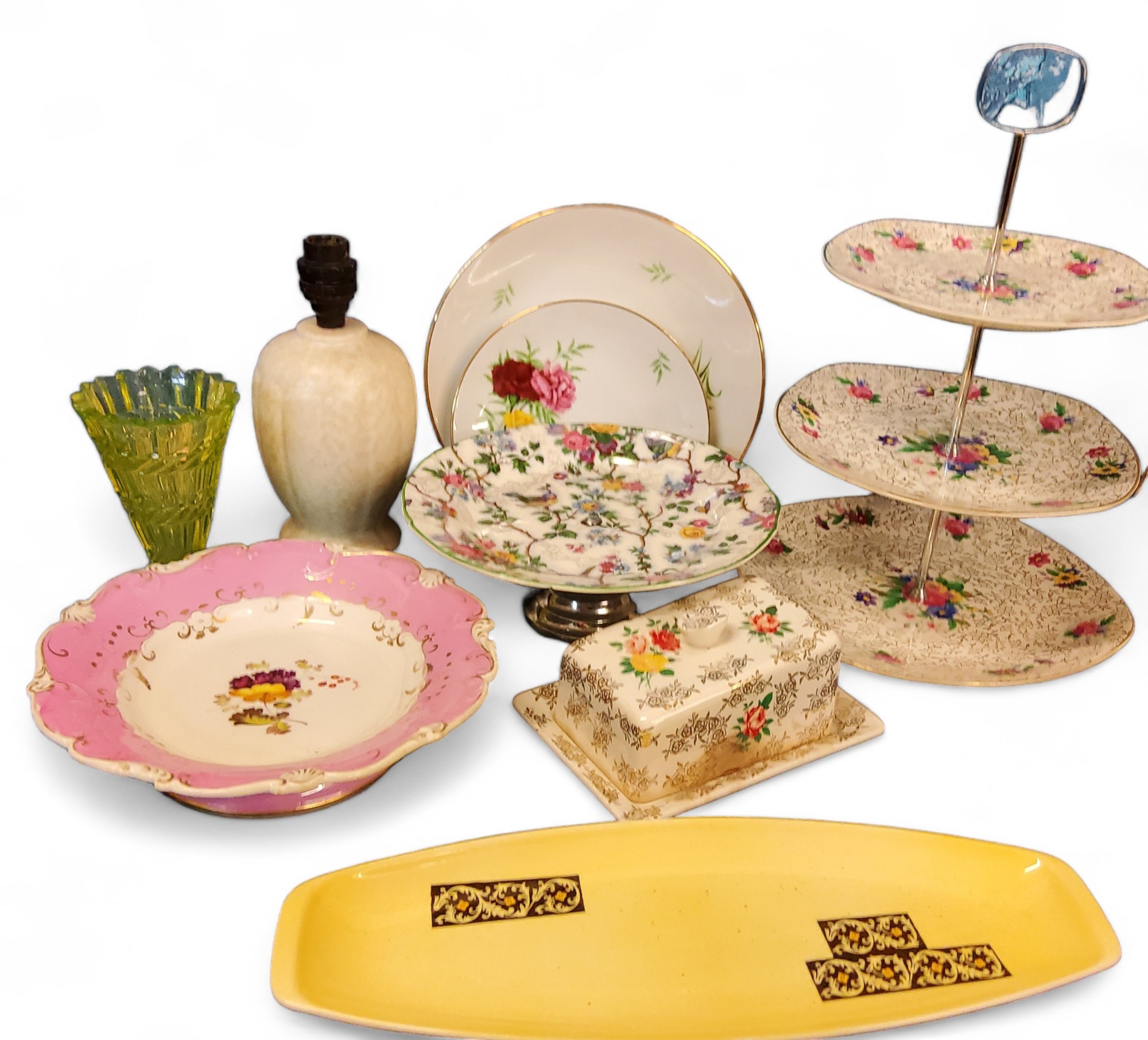 Ceramics - a Midwinter Stylecraft Fashion shape three tier cake stand;  Carlton Ware sandwich plate;